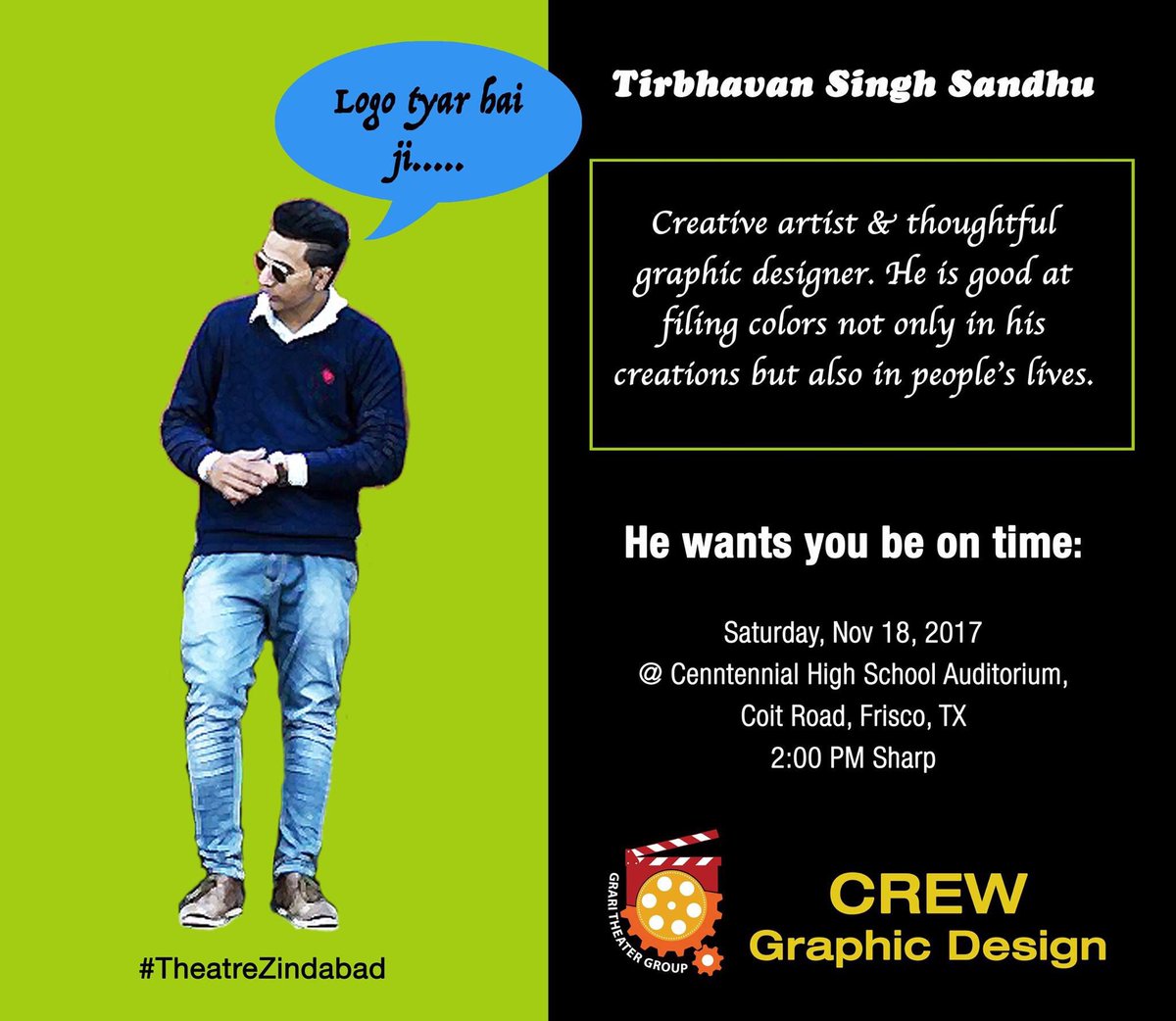 graritheatre's tweet photo. Logo tyar ae bai ji......!
Meet our CREW member - Tirbhavan Singh/Harry Sandhu
All DFW Punjabi speaking/loving community is welcome with kids and elders. #DallaranDiBugni #FreeEntry 
#Nov18 #2pm #CentennialHighSchoolFrisco #TX
#graritheatregroup #TheatreZindabad #Dallas #TX #USA https://t.co/kghoOuCLK3