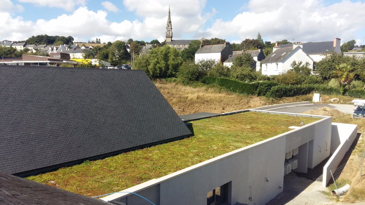 Sempergreen's tweet photo. Wonderful view from the window of a retirement home upon a new wing with a Sempergreen green roof. #SempergreenFrance #greenroof #toitvert #toitsvégétaux #greenview #Wellbeing #nature #Sedum https://t.co/KlyondzI2k