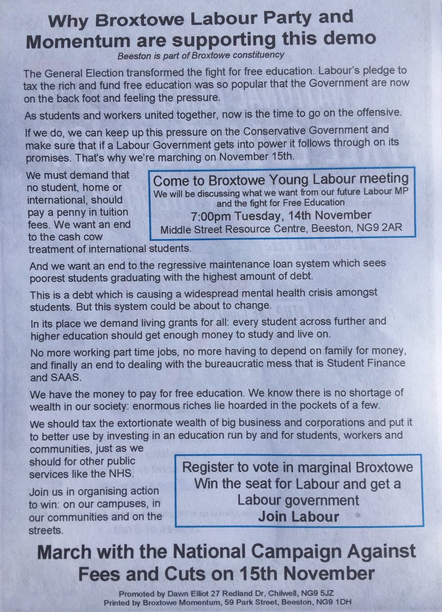 Pete_Radcliff's tweet photo. Activists from @broxtowelabour and @BroxMomentum leaflet Nottm Uni for @NCAFC_UK #Nov15 demo.
Joined by @Greg4Broxtowe and @nadiawhittome https://t.co/rq9fkd1pyC