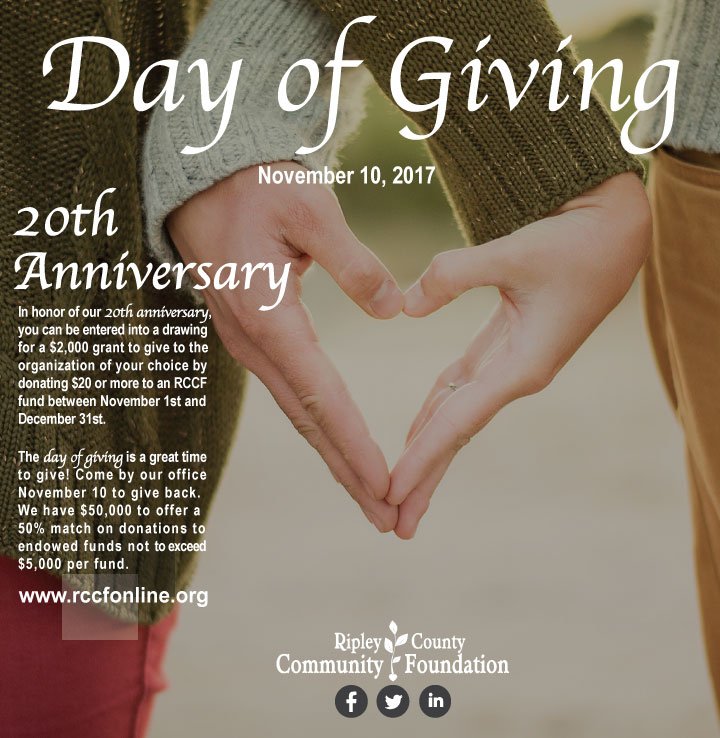 GenesisP2S's tweet photo. Come by the Ripley County Community Foundation office today to donate for the annual Day of Giving! #RipleyCountyGivesBack https://t.co/8yE7BKlxSg
