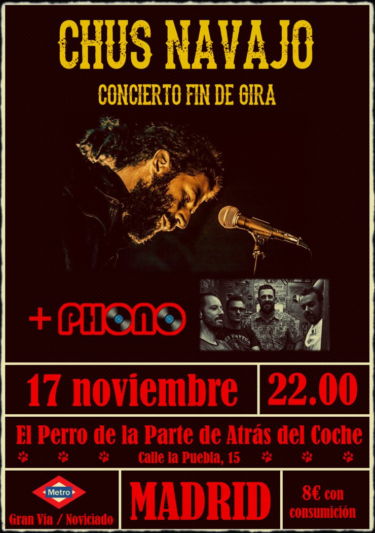PhonoMadrid's tweet photo. Conciertazo fin de gira @chusnavajo allí estaremos #phonomadrid en @ElPerroMadrid #rock #pop #indie #musicaenvivo #madrid #MadridNoSePara #conciertos #livemusic https://t.co/OhLZVl5InN