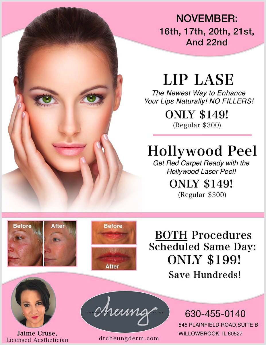 DrJessieCheung's tweet photo. Our Early Holiday Gift to you: two of our most popular procedures at 1/2 price! #Liplase, #PlumpLips, #PuckerUp, #NoFillerLips, #HollywoodPeel, #CelebrityPeel, #SmoothSkin https://t.co/pxmjP55ZTv