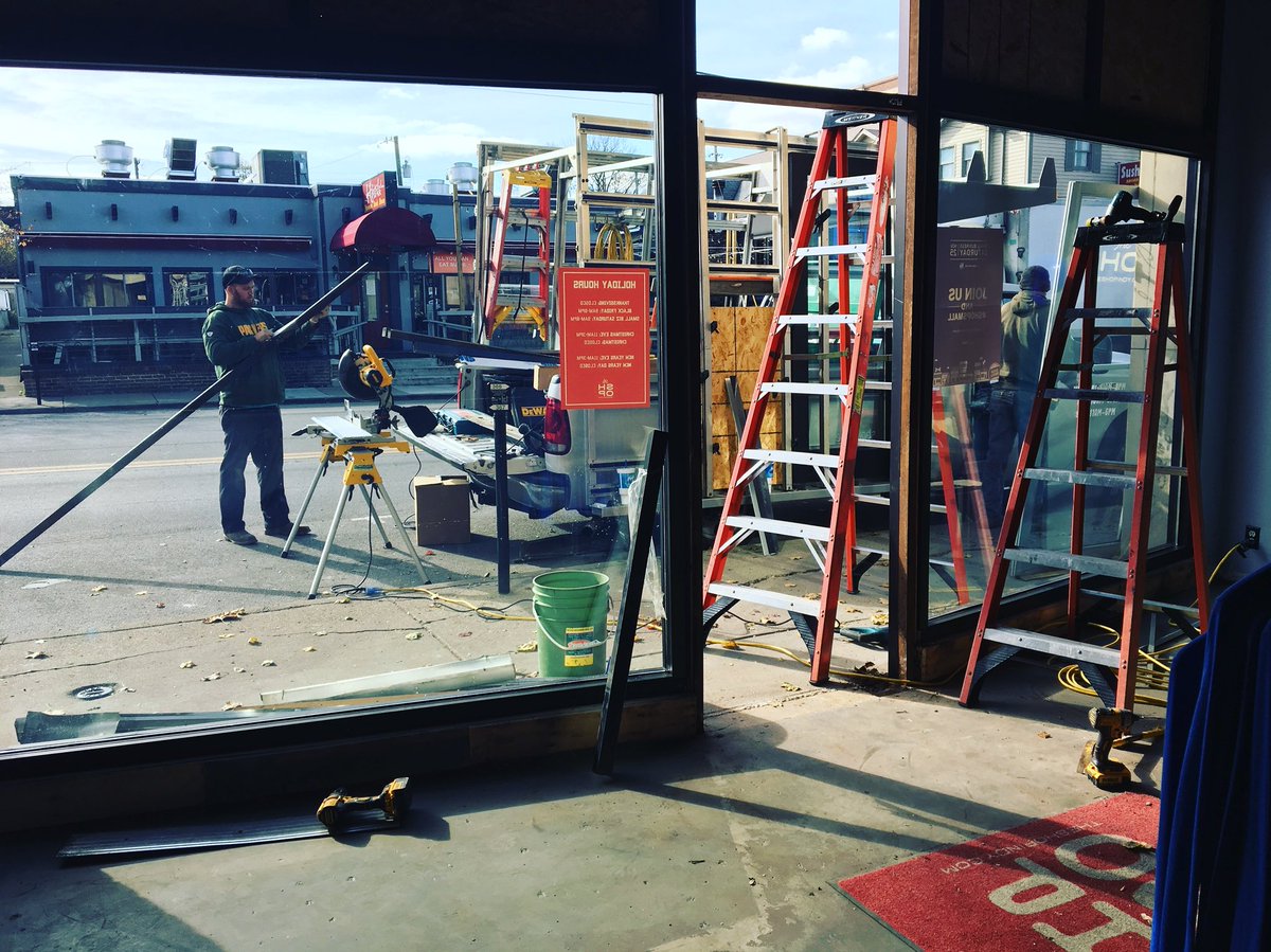 TheShopIndy's tweet photo. They are back at it again today at our Broad Ripple location! Be sure watch your step when you come visit us! #newstorefront #dontwalkundertheladder #theshopindy https://t.co/XgBQeZp7ef