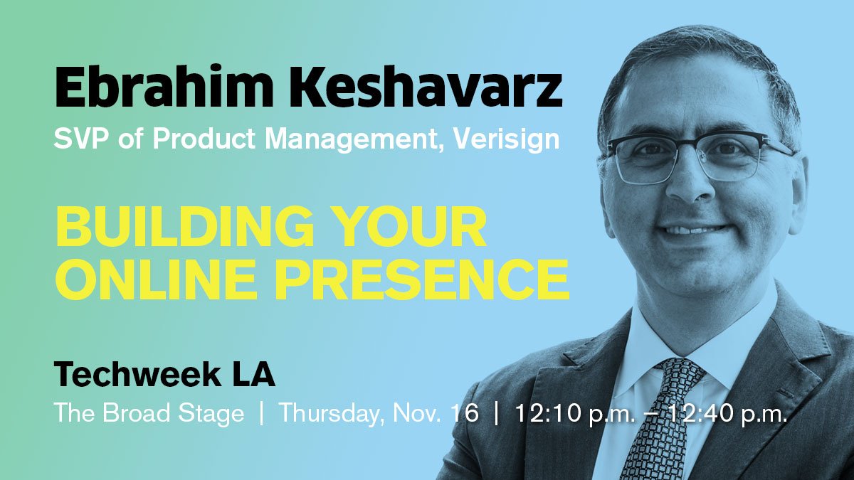 VERISIGN's tweet photo. Sit down w/ our SVP of Product at #TechweekLA and learn how to find a domain name that grabs attention @TechweekInc https://t.co/0mRGsAx6MV https://t.co/rdJt9toaHB