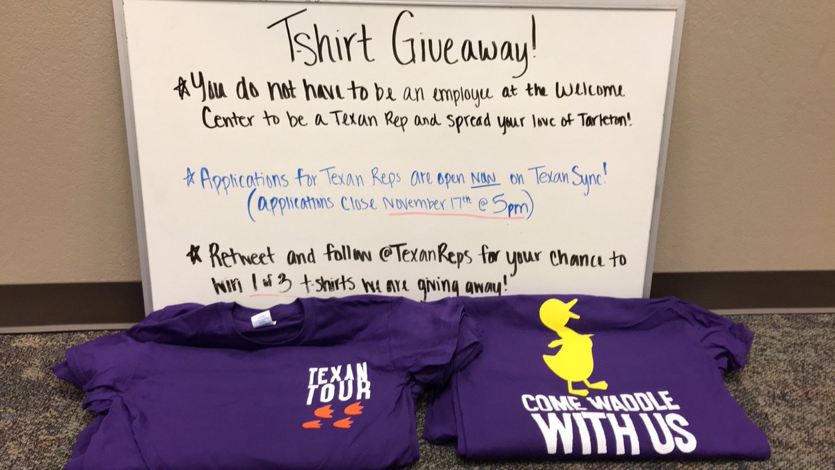 TexanReps's tweet image. ⚠️T-Shirt Giveaway ⚠️
•You don’t have to be employed in the Welcome Center to spread your love of Tarleton and become a Texan Rep! Our app is on Texan Sync and it closes on November 17th, 2017. 
•In order to be entered to win a free shirt, RT this post and follow us!!!