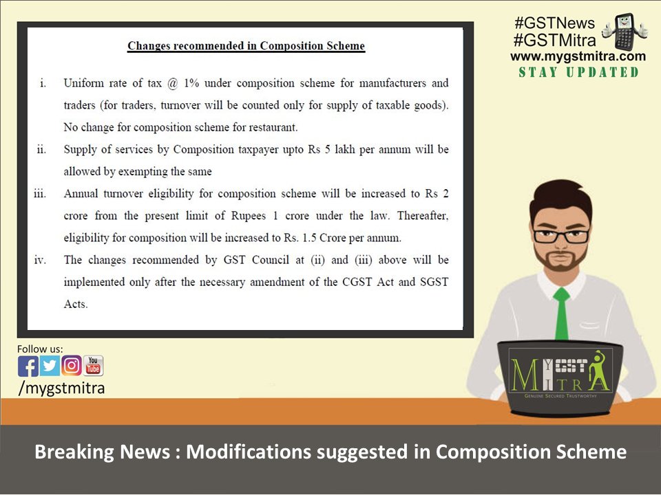 #GSTCouncil recommended some changes to make   #CompositionScheme more attractive 

#GST #GSTMitra #GSTUpdate