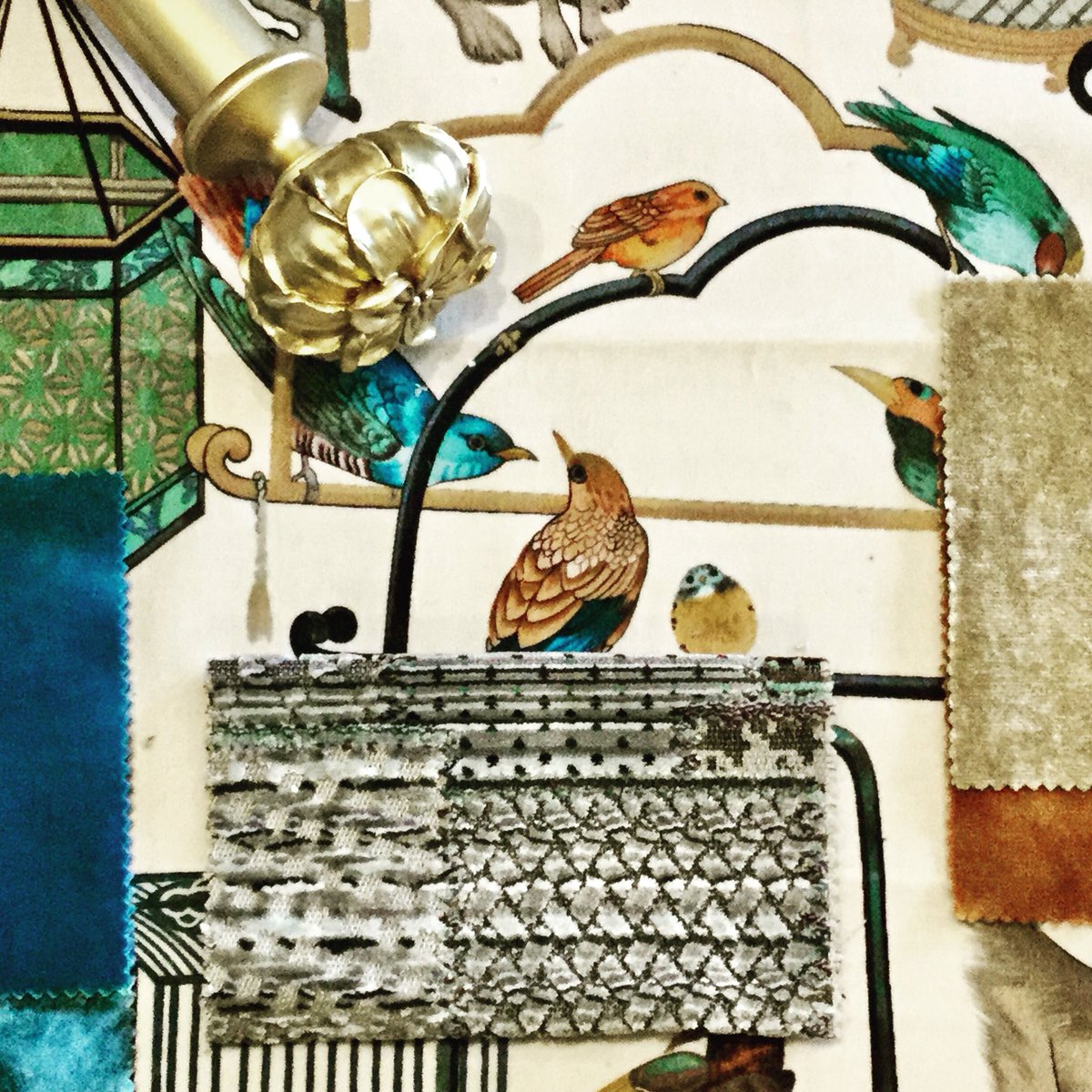 amandahanleybd's tweet photo. Take a spectacular design and complement with sumptuous #gold #teal #green and #velvet for the winter season #Menagerievelvet #fabric #birds #AHbDmoodboards https://t.co/27HiaoSfB2