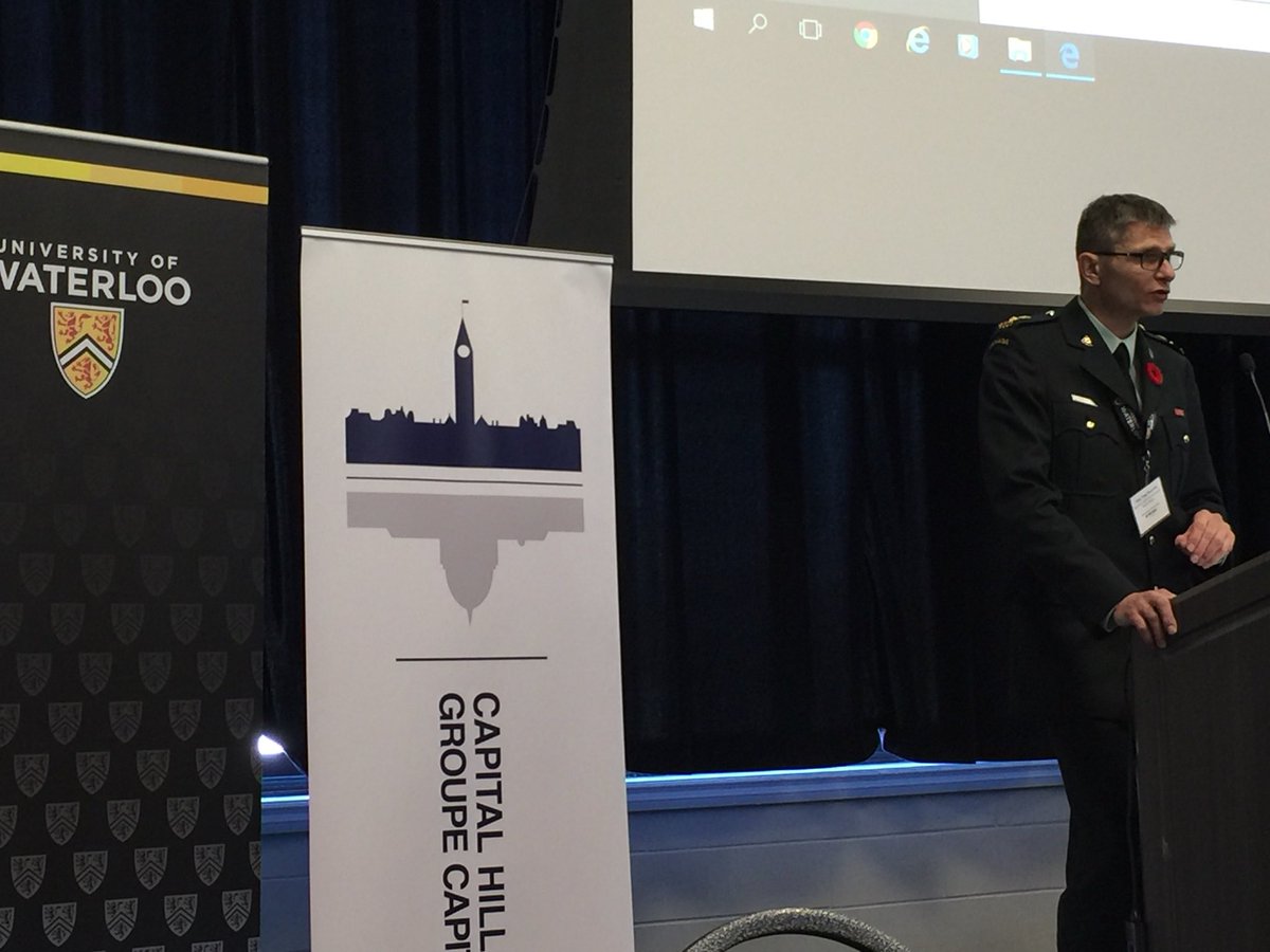 WilliamNorman's tweet photo. LCol Yves Turcotte, Senior Staff Officer for Cyber Force Development in @CanadianForces, outlining cyber requirements in the armed forces space #WaterlooCyber https://t.co/7uvznHr7Is