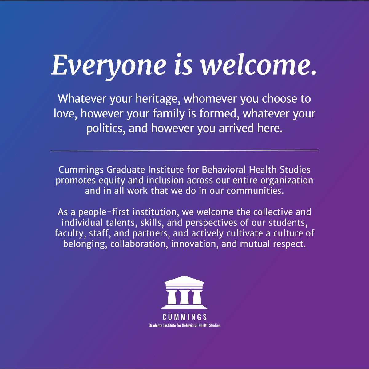 CGIBHS's tweet photo. Everyone is welcome at Cummings Graduate Institute for Behavioral Health Studies.  #wearedbh https://t.co/tIQ7mMyTqo https://t.co/gJHVas09Fd