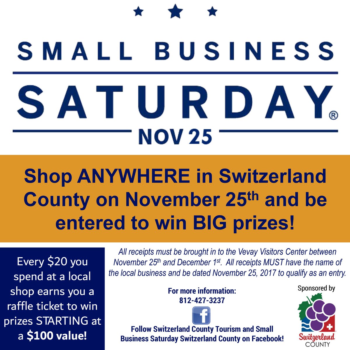 SwitzCoTourism's tweet photo. Once again, we'll be celebrating #SmallBusinessSaturday Thanksgiving weekend! This year, stop in at the visitors center with your receipt from a local business, and you'll be entered to win some awesome prizes! https://t.co/hww7s42t87