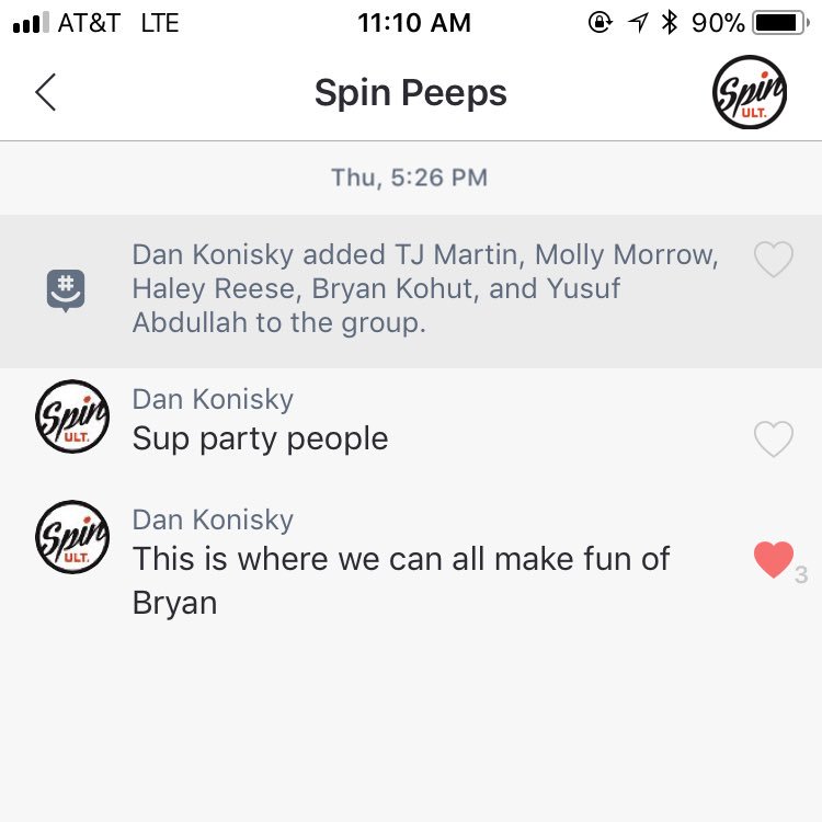 SpinUltimate's tweet photo. The office GroupMe has been created... 😂 #HappyFriday #poorbryan https://t.co/nsKcH4uYua