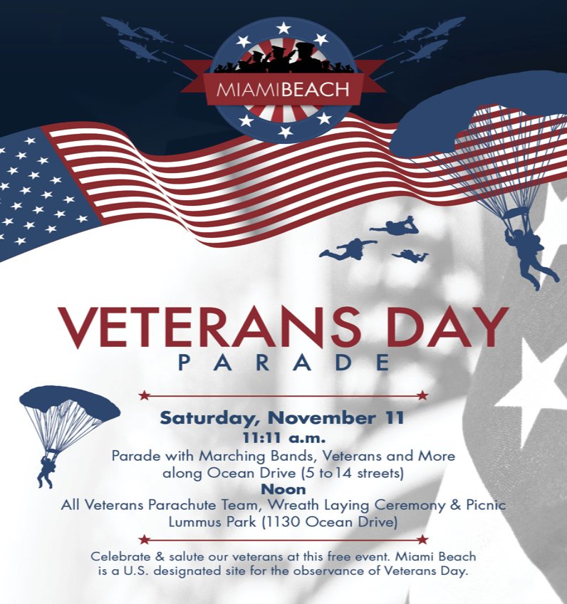 TicketPlanet_FL's tweet photo. Another year #MiamiBeach will hold the Miami Beach #VeteransDay Parade, organised by @MiamiBeachNews. Let's honor our Vets at the annual parade🤩👏! More info? 👉 https://t.co/Uro2lxVg8q https://t.co/LR4tWz5c8x