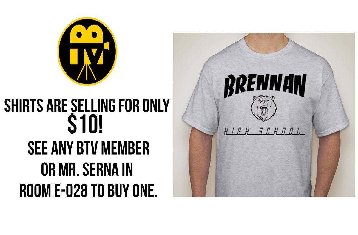 BTVBears's tweet photo. @NISDBrennan Week 11 ends: @BTVBears hosted A. Popp as co-anchor with @BrennanSerna for announcements – including BHS T-shirt on sale during Monday-Tuesday lunches. Buy a T! #BrennanInspired #NISDInspired @AndrewJPopp09 https://t.co/uJlhkh4Gzy