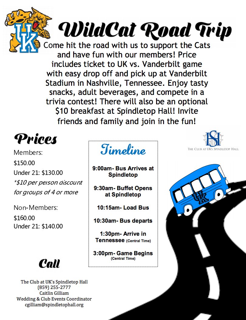 Spindletop_UK's tweet photo. Don't forget to sign-up for the Wildcat Road Trip for THIS weekend! You do not want to miss a day filled with football, food, and great company! #BBN https://t.co/QduM1s08qP
