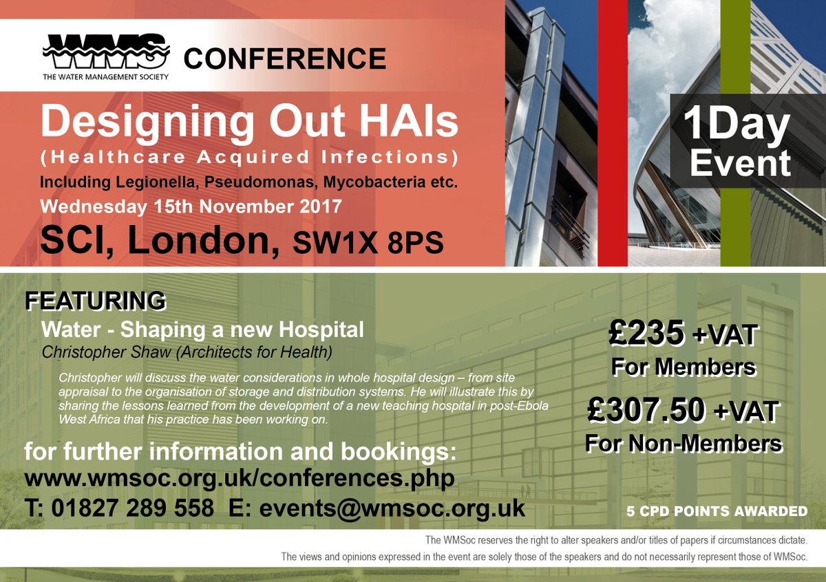 WMSoc1's tweet photo. The WMS #DesigningOut #HAIs #Event - #Next #Wednesday -15th #November – #Water - #Shaping a #New #Hospital - #Water #Considerations in #Whole #Hospital #Design - #Last #Spaces #Available – #LastChance to #Book: https://t.co/XJhDyT0a2g https://t.co/BnT0RdFZGG