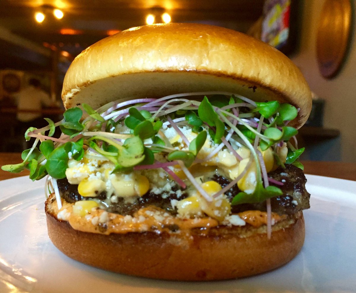 DempseysPub's tweet photo. New Special: The Eloté Burger! Creekstone angus beef, homemade elote, chipotle aioli, cotija cheese &amp; local micro greens on a brioche bun! https://t.co/p51AJKDtxH