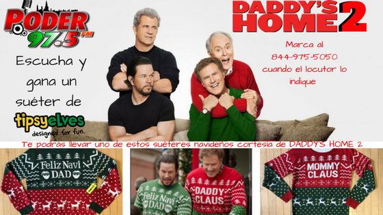 Poder975's tweet photo. Gánate el suéter navideño oficial de @DaddysHome 2 en cines el 10 de noviembre.
@TipsyElves &amp; @ParamountPics te traen los suéteres oficiales de Daddy's Home 2. Tipsy Elves con los atuendos vestibles más fuera de serie para hacer tu vida más divertida. https://t.co/3jO6wgpiE1