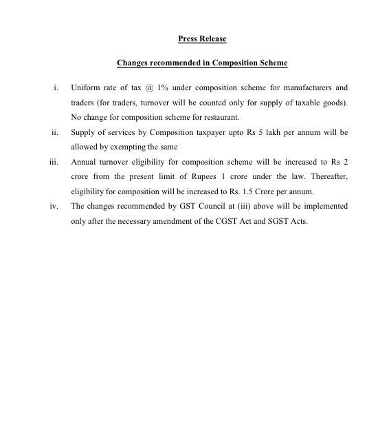 cbic_india's tweet photo. In- pic : Recommendations made by the GST Council on changes in Composition Scheme to be implemented only after necessary amendment of CGST and SGST Act https://t.co/sW5qOd0lm3