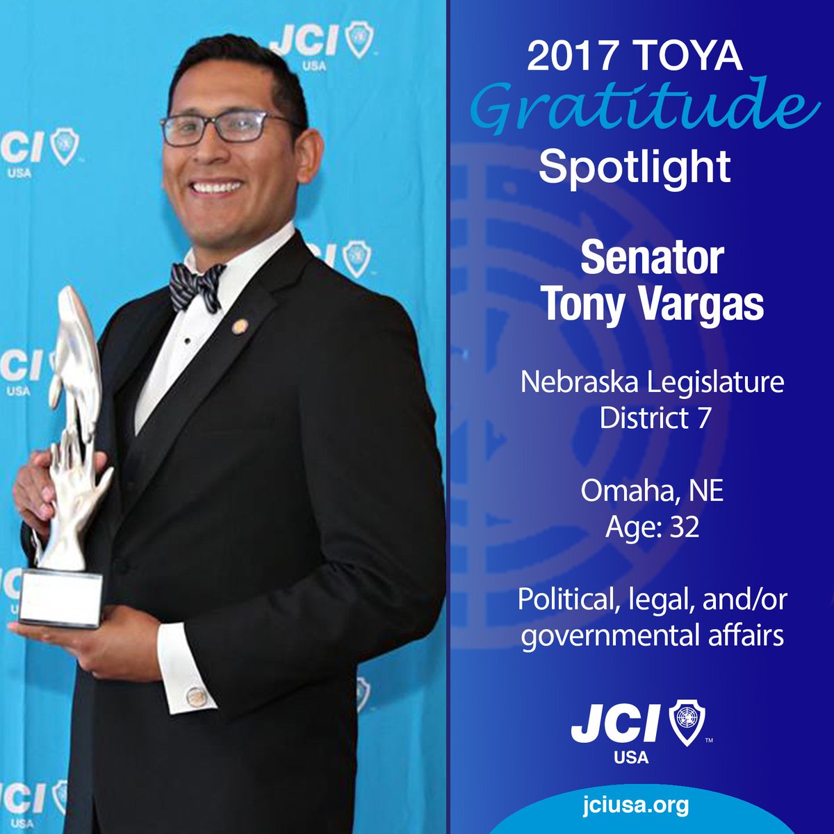 JCIUSA's tweet photo. Today's Gratitude Spotlight is #TOYA2017 Honoree, Senator @TonyVargas. https://t.co/9rrKwNKwWq https://t.co/bXbZvZ0Wq5