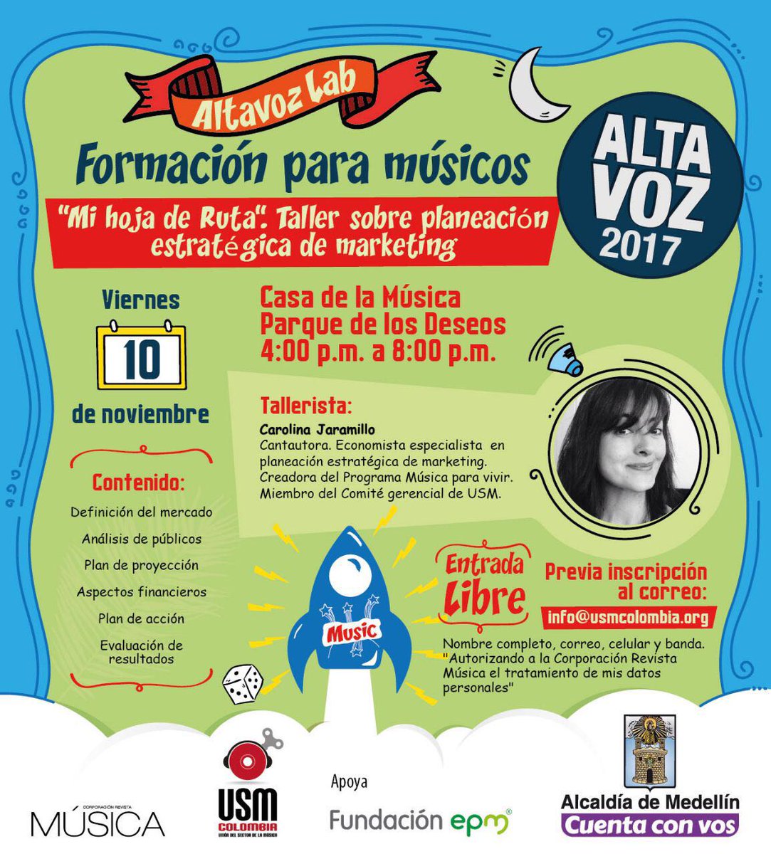 EPMestamosahi's tweet photo. Recuerda nuestra cita de hoy en el taller de formación para músicos. Será de acceso libre a nuevos conocimientos con inscripción previa. Te esperamos en la Casa de la Música del #ParqueDeLosDeseos. 🎙🎶 #FundaciónEPM #AltaVoz2017 https://t.co/YErKMZmmPZ