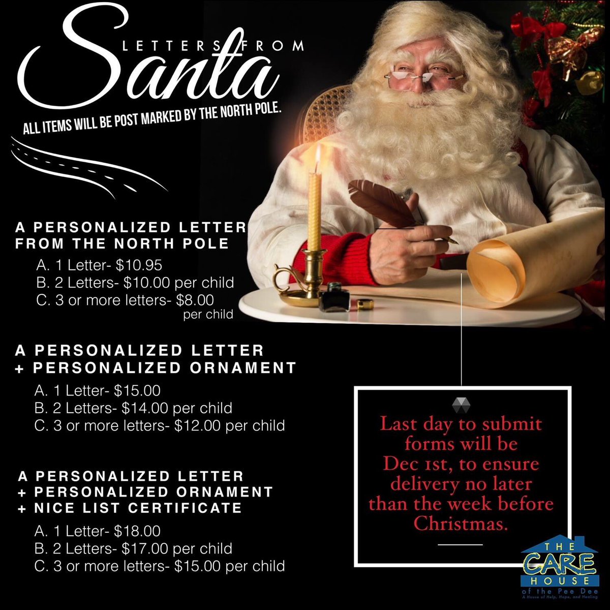 Carehousepeedee's tweet photo. Spread Holiday cheer for the children you ❤️❤️ or you can place an order to send a letter to an underprivledged child seen at CARE House. https://t.co/oXRJ56Sehc