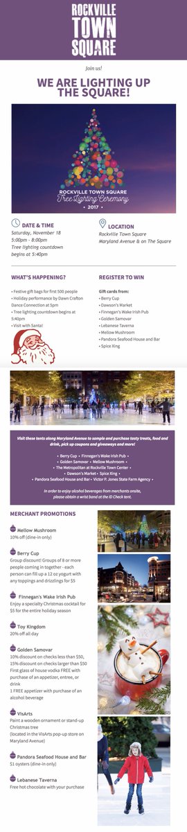 RockvilleTownSq's tweet photo. It's feeling like winter! Come join us Nov. 18 for the #Rockville tree lighting ceremony! #giveaways #familyfun https://t.co/EhIiIA2L3W