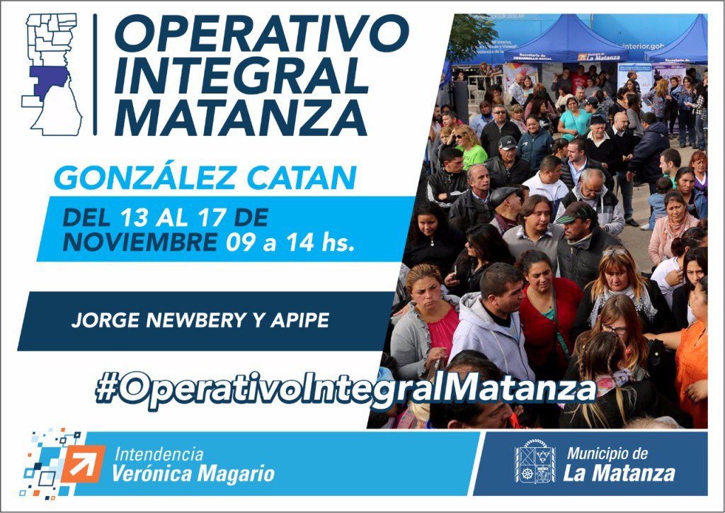 DiscapLaMatanza's tweet photo. Del 13 al 17 de noviembre, #OperativoIntegralMatanza en #GonzálezCatán, entre las calles Jorge Newbery y Apipe.

📌 Mapa: https://t.co/rpiTnGdJ9T.

🕘 Horario: 9 a 14.

* Servicios: Inscripción AUH / DNI / Partidas de Nacimiento / Plan Más Vida / SUBE / Vacunación / ANSES / PAMI. https://t.co/671QBwT3C0