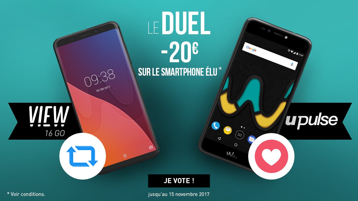 WikoMobile's tweet photo. C'est l'heure du duel ! RT pour le #WikoView et ❤️ pour le #Upulse ! Le smartphone avec le plus d'interactions obtiendra une remise de 20€ du 16 au 23 novembre ! https://t.co/n4p411U9YP