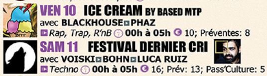 [PROG du WE] #Trap #RnB #hiphop #Techno #Montpellier #weekend 🎛️🔥🎚️

Vendredi 00h – 5h : BASED MTP présente Ce soir Ice Cream w/ Blackhouse &amp; Phaz – Rap, Trap, R’nB

Samedi Festival Dernier Cri w/ Voiski live, Bohn &amp; Luca Ruiz
