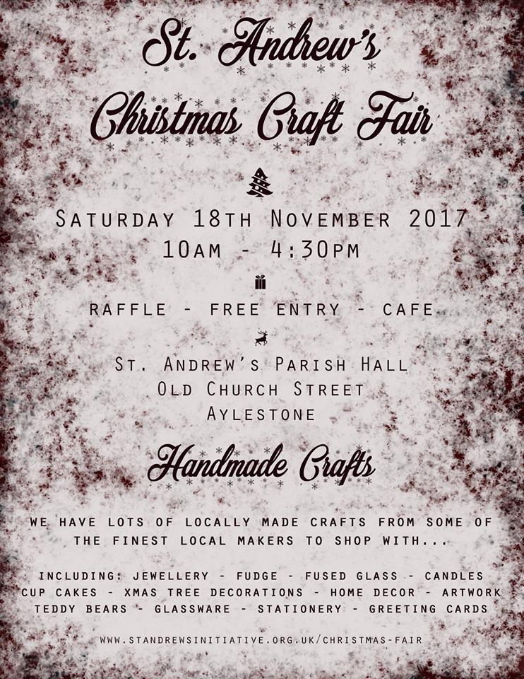 St Andrew's Christmas Craft Fair is on Saturday 18th November. Why not come along and get a few presents, eat some cake and help a good cause. #craft #homemade #Aylestone #Church #Christmas #Handmade #Presents #cakes