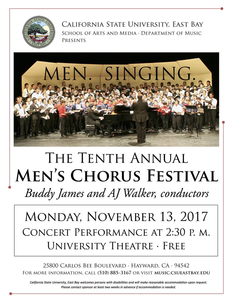 CSUEBChoirs's tweet photo. The 10th Men's Chorus Festival at #CSUEB!! 200 men #singing #ebs Monday at 230p https://t.co/G0dc9AEKYB