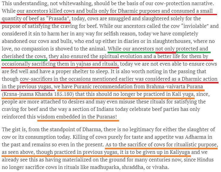 Hindu right wing site IndiaFacts quotes "The Wisdom of Puranas", specifically The Brahma Vaivarta Purana:"Cow sacrifices were Dharmic in ancient India but not recommended in Kali Yuga"From "A Case for Cow-Protection without Whitewashing the Past"  http://indiafacts.org/case-cow-protection-without-whitewashing-past/