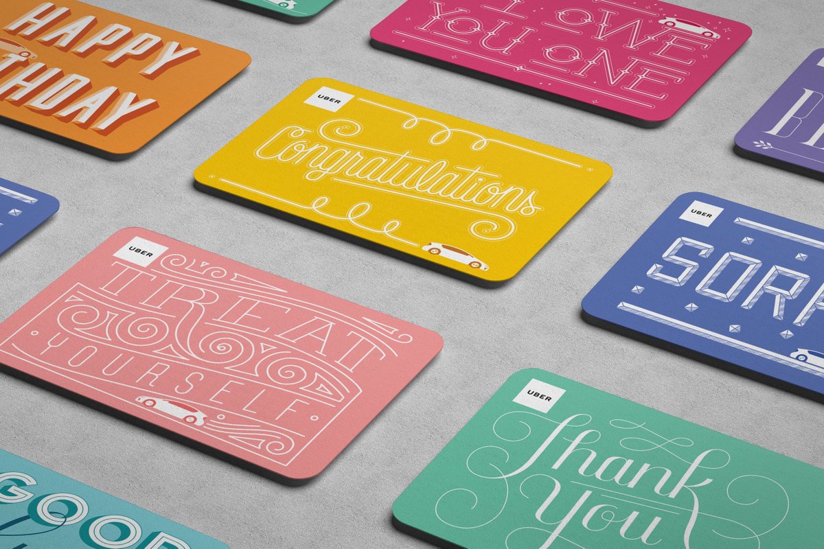 Some of our beautifully designed Uber gift cards, with custom hand lettering by our very own Megan Malley