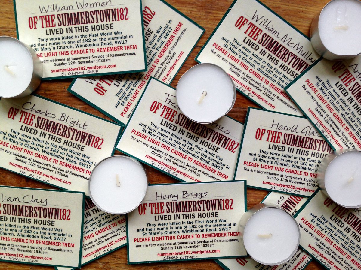 summerstown182's tweet photo. If you are fortunate enough to live in a house where one of the #Summerstown182 once resided, we will be leaving a candle at your door tomorrow - please light it this weekend in remembrance #REM182 #WW1 #Tooting #Earlsfield #Wandsworth https://t.co/8uzDoYtxzc