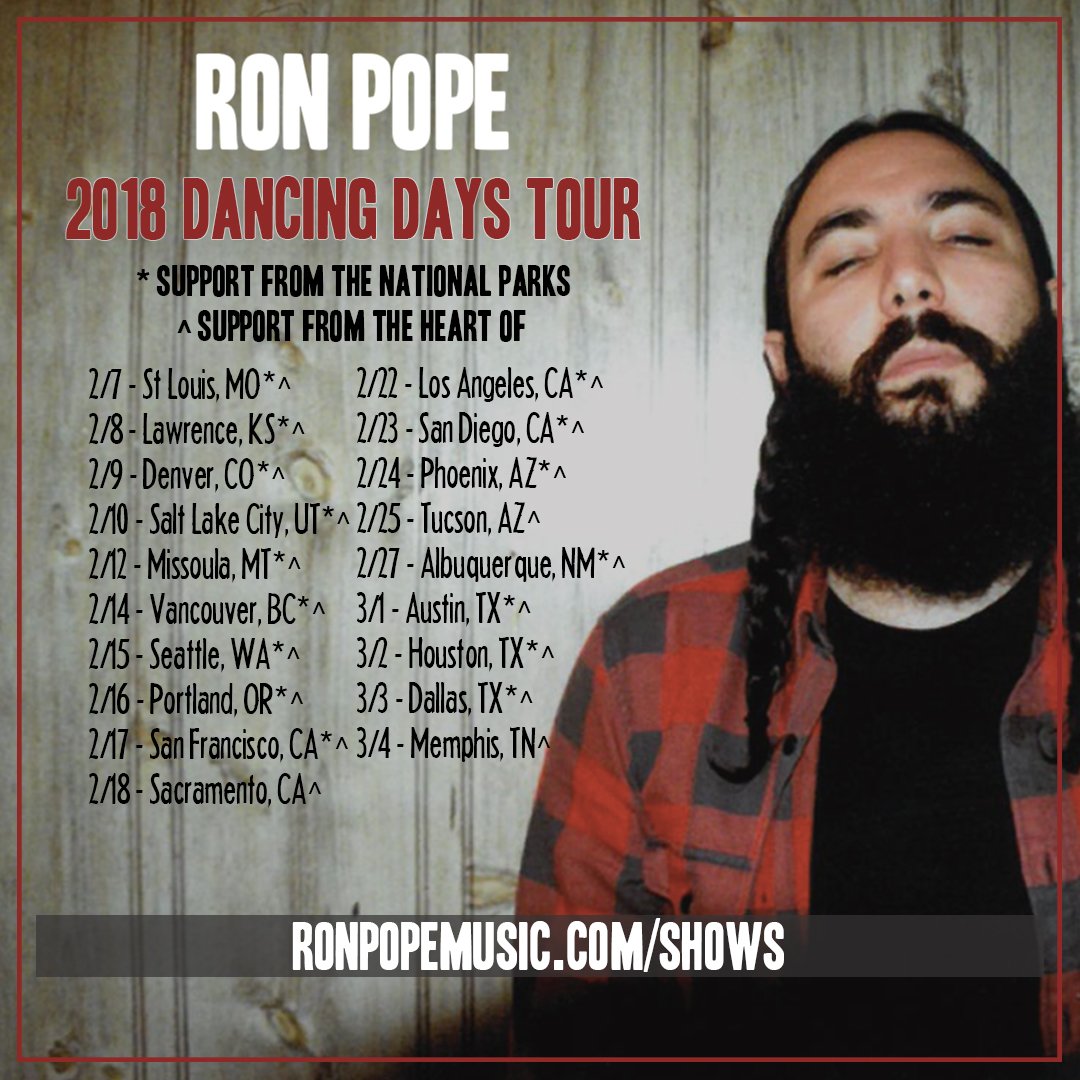 RonPopeMusic's tweet photo. Excited to get back on the road in 2018! I'll be bringing @thenatlparks and @lstntheheartof with me as openers. Grab your tickets now! 
https://t.co/hTEhR7lv8N https://t.co/fbbgXjgBJv