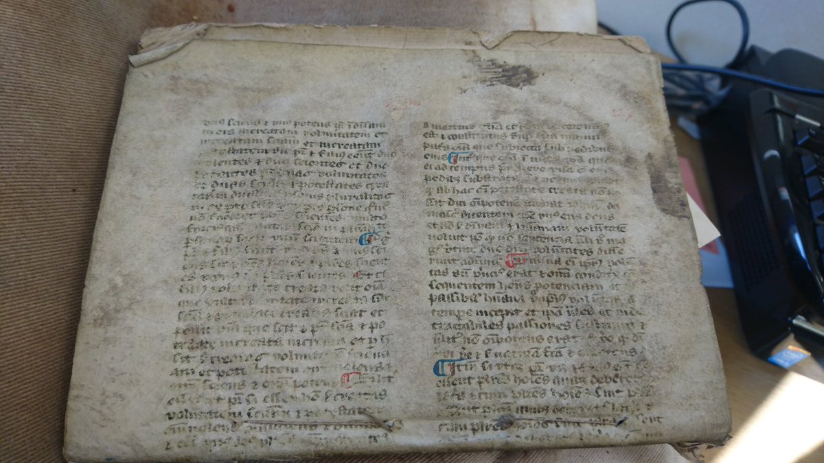 DrAJSSheri's tweet photo. After a bit of detective work, identified a manuscript fragment of Robert Grosseteste's De cessatione legalium AND part of The First Book of the Historie of the Discouerie and Conquest of the East Indias used as wrappers for the 1602 A Briefe Conference of Diverse Lawes #280char https://t.co/9P8WwGJ7P4