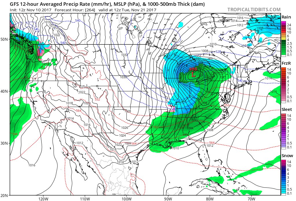 SouthernINWx's tweet photo. Could be a bumpy back half of Nov for Eastern US. Significant storm likely coming around Nov 20-22 timeframe. Placement of cold &amp; precip types are still unknown, but GFS &amp; Euro both keep hinting at it. Worth monitoring. #AgWx https://t.co/ilyK1CP1gs