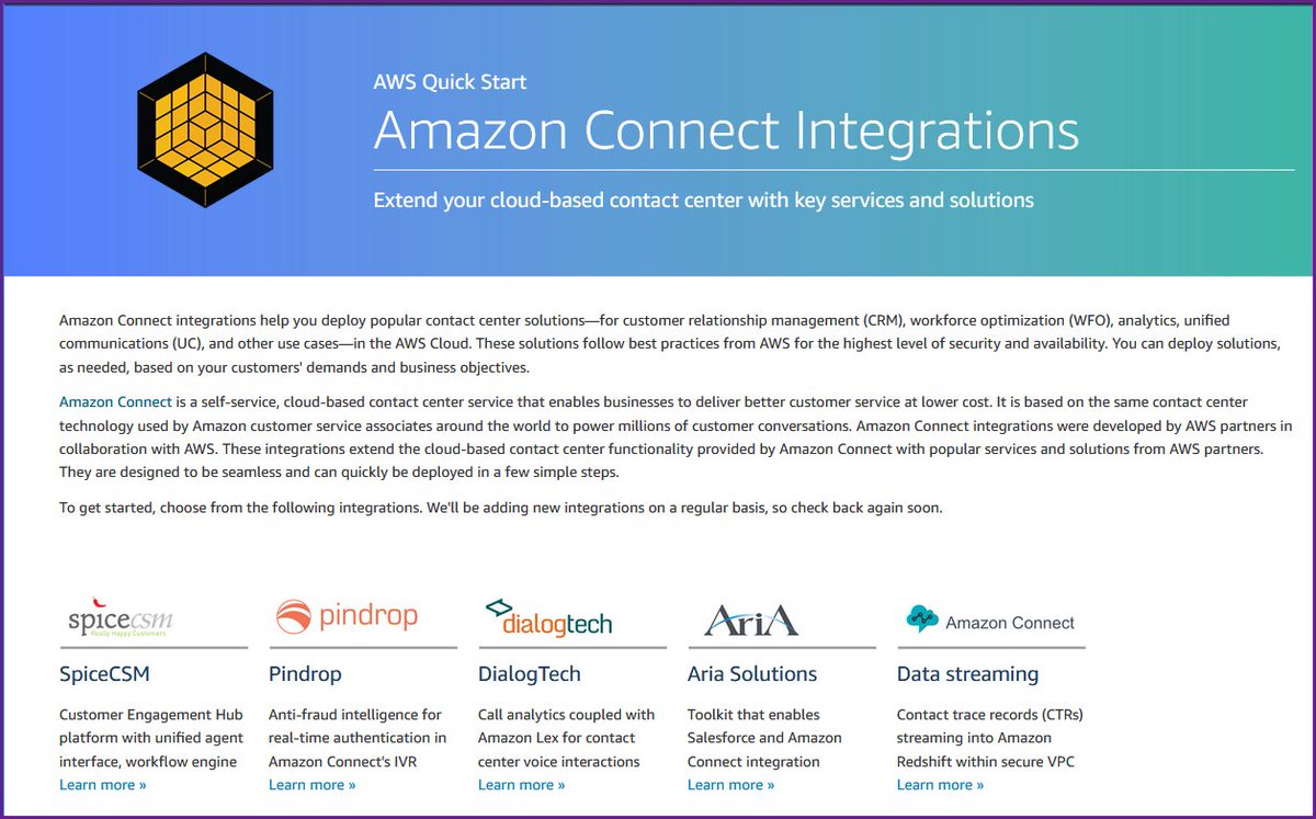 jeffbarr's tweet photo. New #AWS Quick Starts - Amazon Connect Integrations - https://t.co/kGhBB6UttW - CRM, workforce optimization, analytics, unified communication, and more! https://t.co/EI6jsEqUWM
