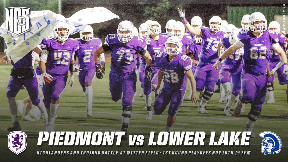 piedmontfb's tweet photo. Piedmont vs Lower Lake Trojans this TONIGHT @ 7PM at #WitterField. 1st Round @CIFNCS Playoffs. @coachnatesmith @coachholan @PHSBOOSTERSCLUB @Prep2PrepSports @PrepsBayArea @PiedmontAD @PiedmontCivic @piedmontunified @49erscalhi @CalHiSports @PiedmontPatch @NorCalPreps https://t.co/8hNtwrtJ3U