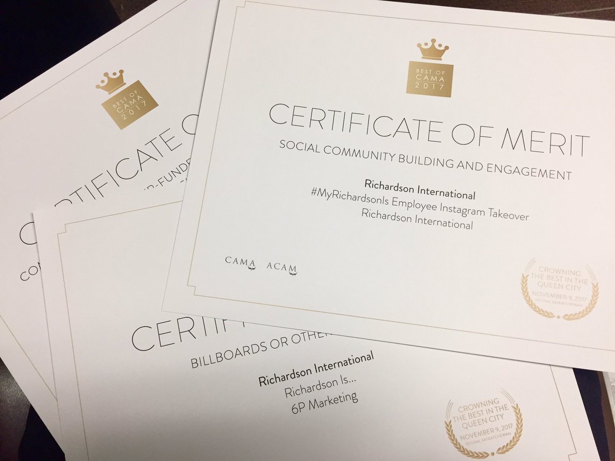 Richardson_INTL's tweet photo. We're very proud to be bringing home three Certificates of Merit from last night's #BOC2017 awards. Kudos to @6pmarketing for leading our Outdoor Billboard #RichardsonIs campaign and for our employees who took part in our #MyRichardsonIs campaign! Congrats to all the winners! https://t.co/e0HQ3EmH3L