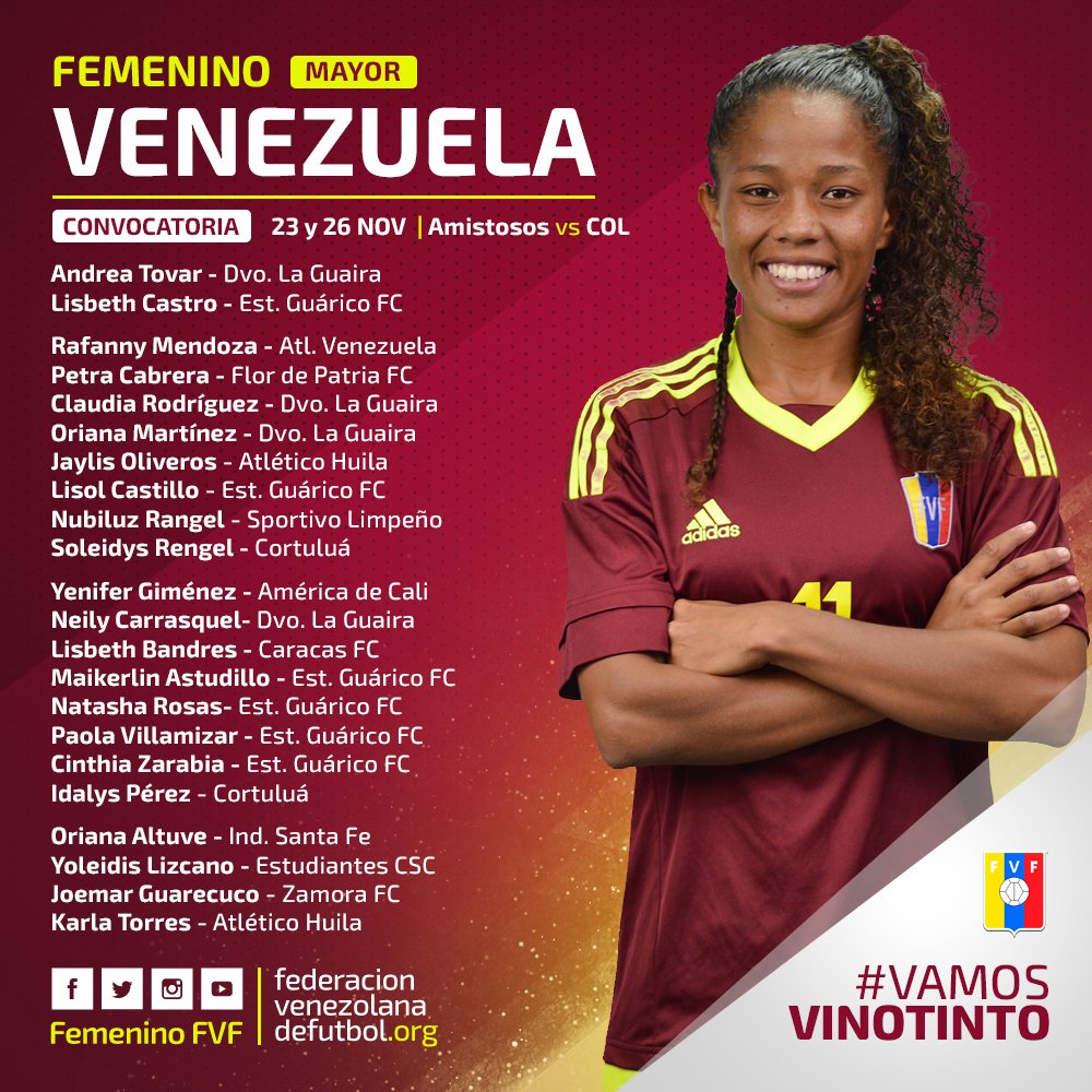FemeninoFVF's tweet photo. #Vinotinto🇻🇪 | OFICIAL

Esta es la convocatoria de la Vinotinto femenina absoluta para la doble tanda de amistosos frente a Colombia. La delegación nacional se reunirá en San Cristóbal desde el 16 de noviembre. https://t.co/ueXi69G2Ks