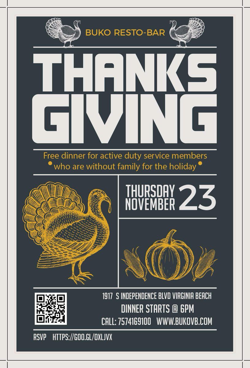 BukoRestoBar's tweet photo. If you are active duty military and don't have a place to go you can come here and get a free turkey dinner and enjoy some football on the big screens!
Please RSVP so we can have an accurate headcount! Thanks!
https://t.co/qQ7pbj6IwG https://t.co/I5zDYVo8l8