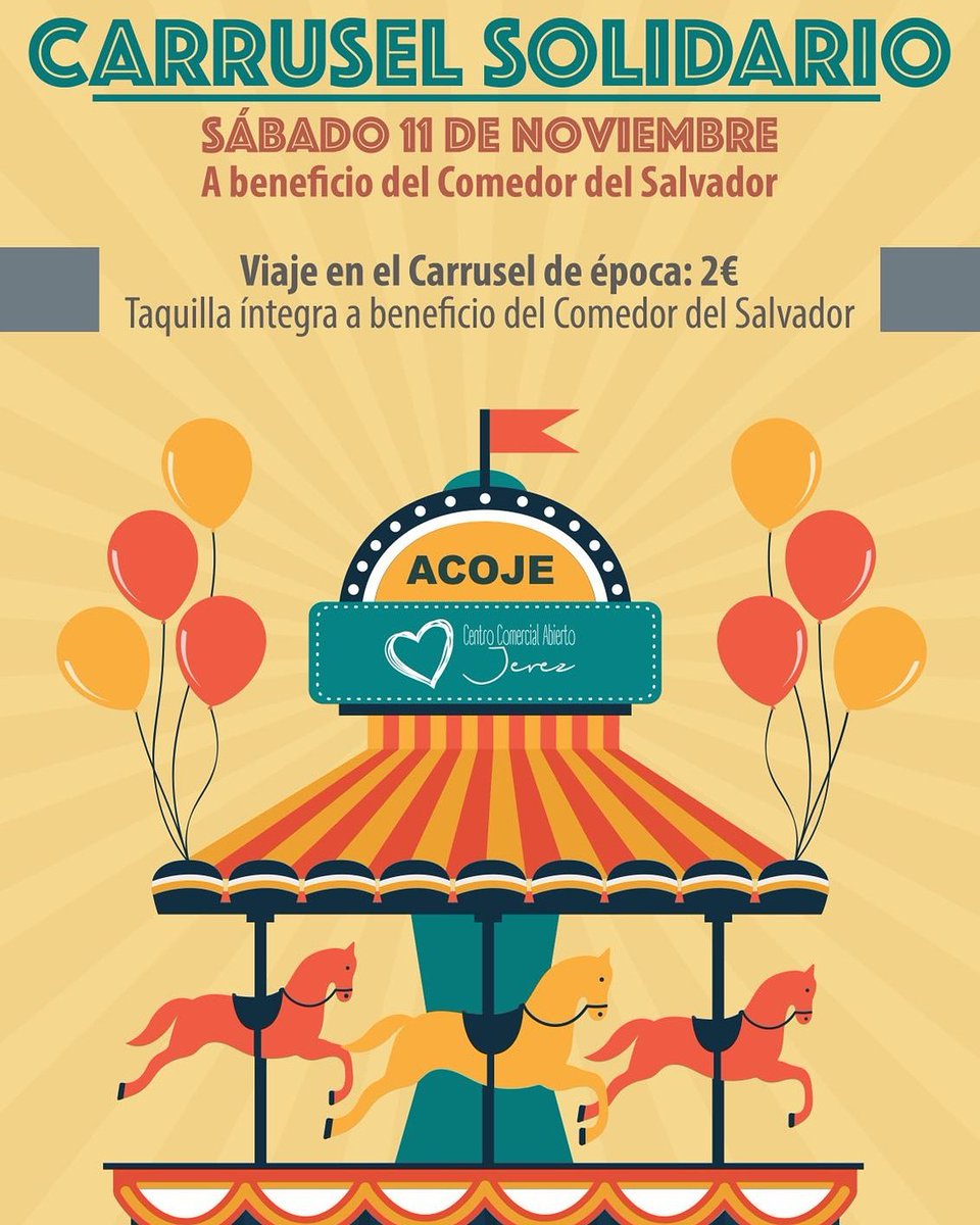 Jerez_Life's tweet photo. ✔ #Jerez es SOLIDARIO
🎡Carrusel de época. La taquilla de este día irá destinada al 'Comedor El Salvador'
📆 Sábado 11 de Noviembre
🎠 Plaza del Arenal
@AcojeJerez @CCAbiertoJerez
@TurismoJerez @destinojerez 
@PrensaAytoJerez   
https://t.co/AWvwjVO5Re
#JerezSolidario #JerezLife https://t.co/jWlNE3B7OG
