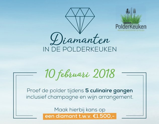 Primedinners's tweet photo. @Polderkeuken organiseert op 10 Februari 2018 het exclusieve en unieke evenement “Diamanten in de Polder” waarbij de aanwezige gasten kans maken op een diamant 💎 t.w.v. €1500,-!
Bestel nu uw ticket  ✔️👇
https://t.co/hvlZnN9I3s https://t.co/T3C6SilqkO
