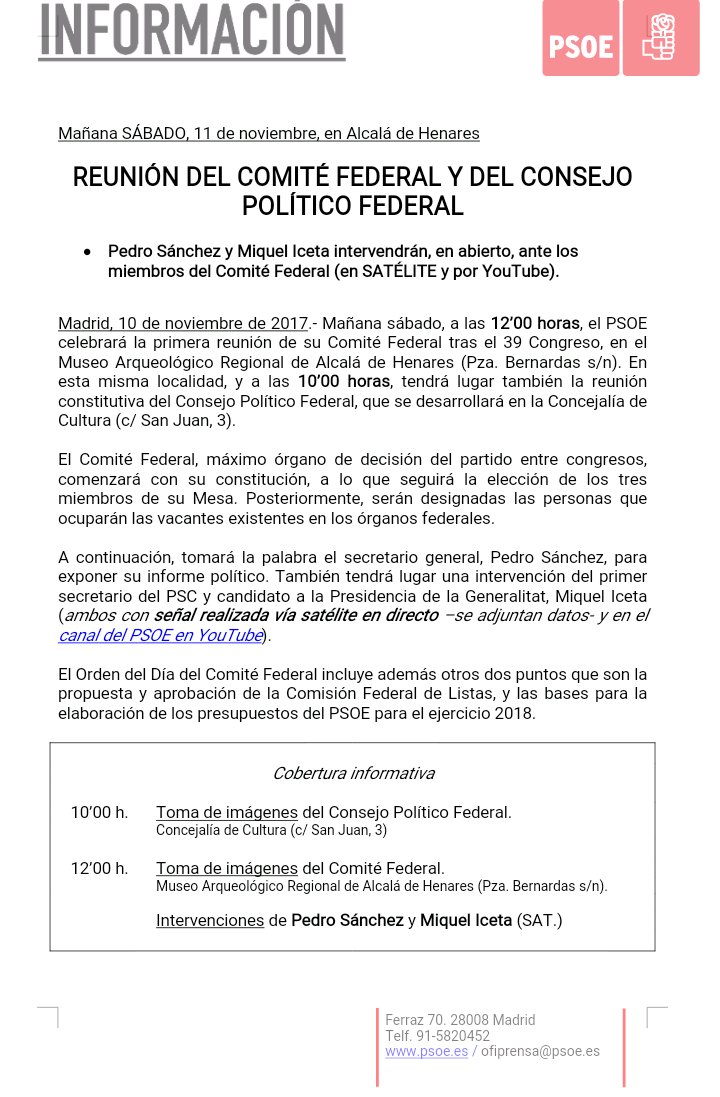 RenePerle's tweet photo. #InfoPSOE Reunión del Comité Federal y del Consejo Político Federal.
12:00 h., intervenciones de @sanchezcastejon y @miqueliceta (emisión SAT) #SomosLaIzquierda 
#AhoraTuPaís ✊🌹 https://t.co/0qpuD6EFfz