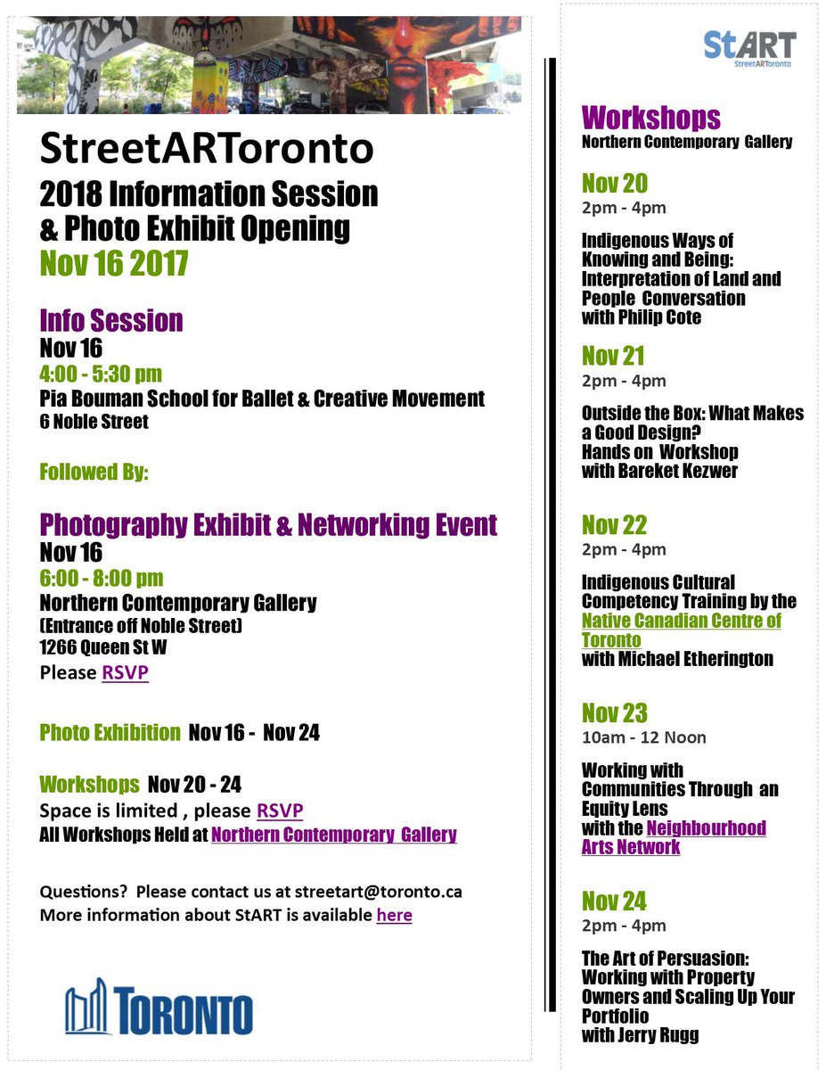 StART_Toronto's tweet photo. Join us for a series of workshops, info sessions and a photo exhibit at @northerncontemp from Nov 16- 24. We will also have open office hours from 12 - 5pm each day from Nov 20-24th. Stop by and ask us questions, learn about 2018 projects and say hello! https://t.co/zQfppoY34C https://t.co/GqV1Z45M6Y