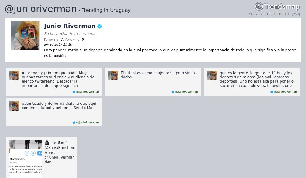 TrendsUruguay's tweet photo. Junio Riverman, @junioriverman es ahora una tendencia en Uruguay

https://t.co/M2V2s2ADnt https://t.co/ZHq43AxuyM