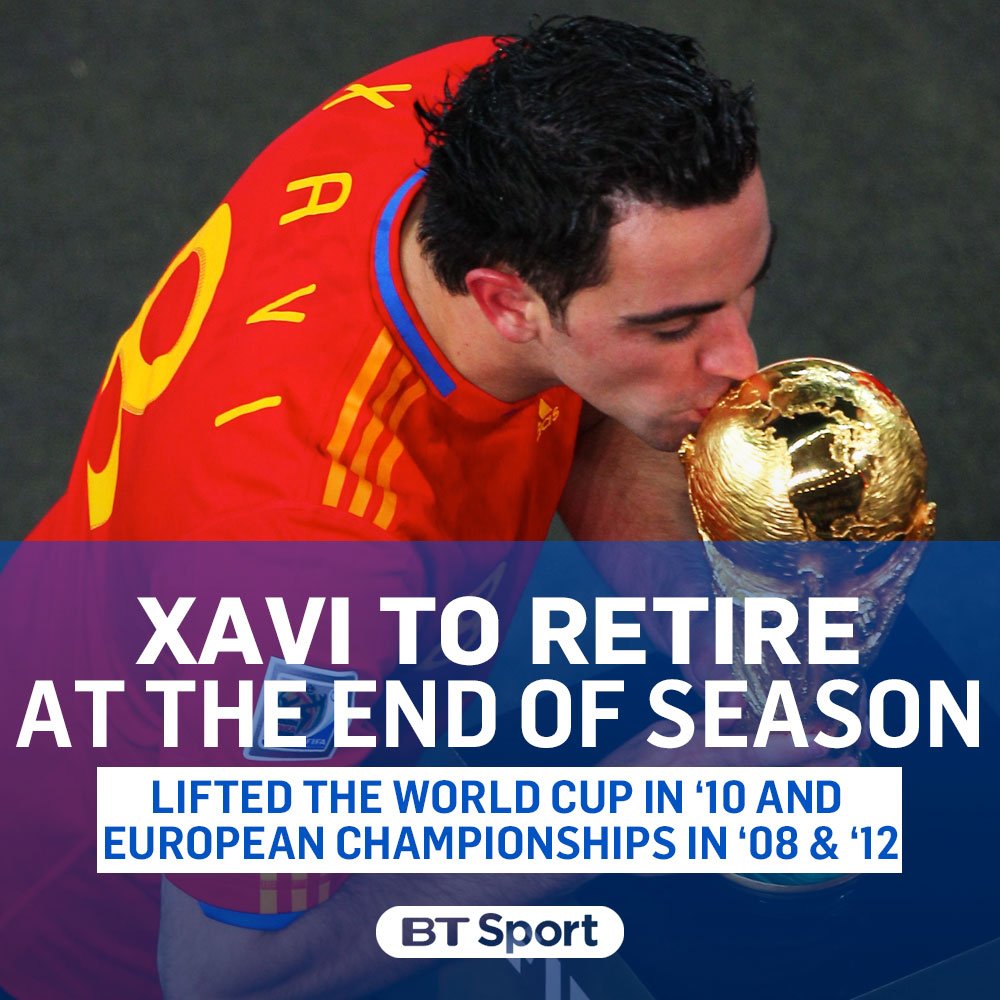 footballontnt's tweet photo. Xavi is the latest great to announce their retirement in 2017.

🏆 La Liga - 8
🏆 Champions League - 4
🏆 Copa Del Rey - 3
🏆 European Championships - 2
🏆 World Cup - 1

He'll join Alonso, Kaka, Lahm, Lampard, Pirlo and Totti in stepping away from football. 😢 https://t.co/bLCdttrQt1