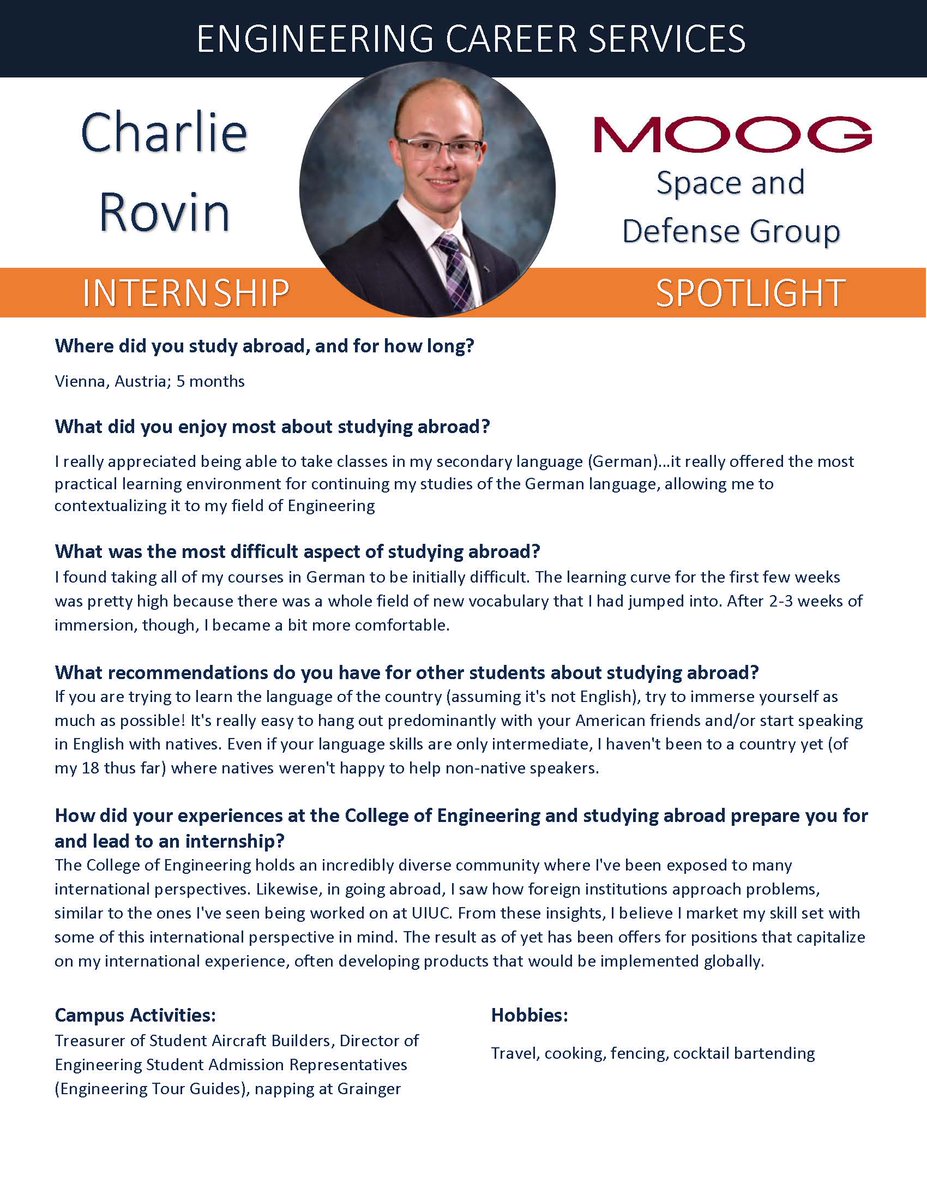 ECSillinois's tweet photo. Happy #FeatureFriday, #ENGRIllini! Our #InternshipSpotlight is Charlie Rovin, whose experience abroad led to an internship with @MoogSDG! https://t.co/R1GmIMcnhU