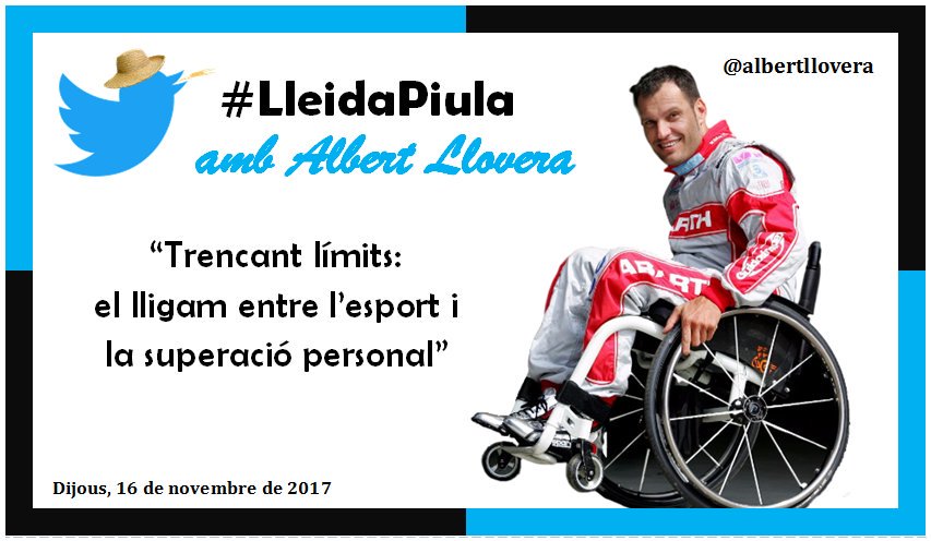 3ª edició #LleidaPiula:

📌 '1203 Restaurant'
📅 16-N
⏰ 21:00

"TRENCANT LÍMITS: EL LLIGAM ENTRE L'ESPORT I LA SUPERACIÓ PERSONAL", amb <a href="/albertllovera/">Albert Llovera</a>.

- Pilot WRC i Dakar.
- Autor del llibre "No Limits".
- Protagonista del documental "Las alas del Fénix".

Últimes places! 💥📢